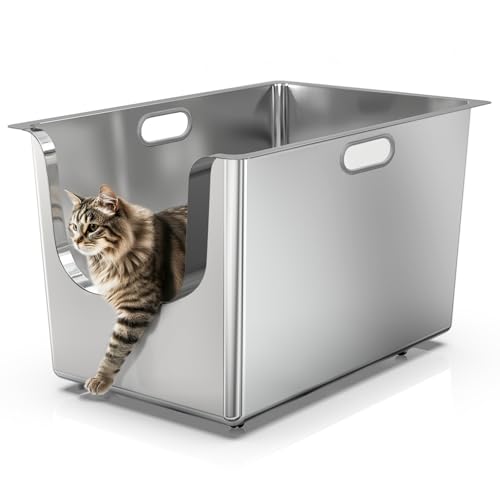 PTLOM Katzenklo Edelstahl extragroße Katzentoilette mit 35 cm hohen Seiten tiefes spritzwassergeschütztes Reinigungswerkzeug für Haustiere Räder an der Unterseite für einfaches Bewegen
