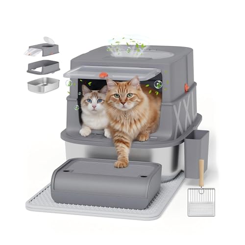 Edelstahl Katzenklo mit Deckel Geruchsfreie Geschlossene Katzentoilette für Große Katzen Leicht zu Reinigen Abnehmbares Metall Katzen Klo mit Metall Schaufel Sieb-Trittbrett und Anti-Streu-Matte