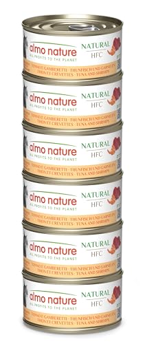 Almo Nature HFC Natural - Nassfutter für ausgewachsene Katzen - Thunfisch Garnelen - Human Grade Glutenfrei - 6 x 70g