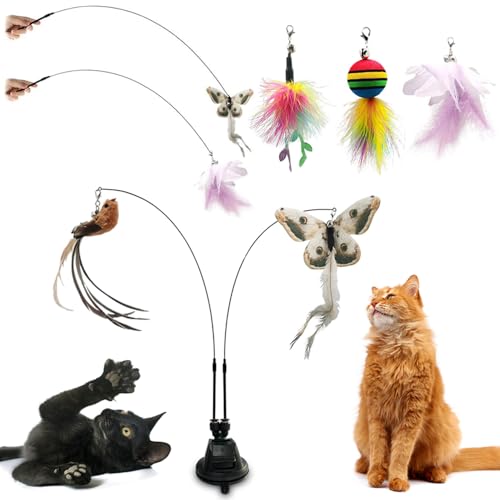 ZDQC Katzen Glocken Zauberstab Katzenangel Saugnapf Katzenangel mit Federn und Glöckchen Katzen Glocken Zauberstab Interaktives Katzenspielzeug Federn Schmetterling Vogel