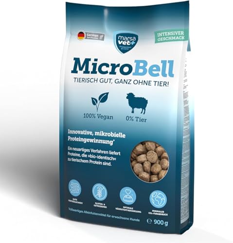 Marsavet Veganes Premium Trockenfutter MicroBell 900g. Monoprotein-Hundefutter mit mikrobiellen Proteinen geeignet für Vegetarier Allergiker und empfindliche Hunde. Vegan gluten- und getreidefrei