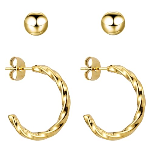 BONNYBIRD Creolen Damen Edelstahl Set Gedreht Geschwungen Ohrstecker Hoops Klein Frauen Wasserfest Schmuck Vergoldet Hypoallergen Chirurgenstahl Medizinisch