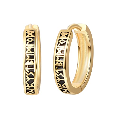KINGWHYTE Unisex Creolen Männer 925 Sterling Silber Wikinger Rune Schwarz Ohrringe Geburtstag Geschenke für Damen Herren Gold