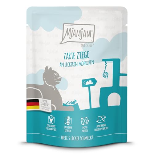 MjAMjAM - Premium Nassfutter für Katzen - Quetschie - zarte Ziege an leckeren Möhrchen 1er Pack 1 x 300 g getreidefrei mit extra viel Fleisch