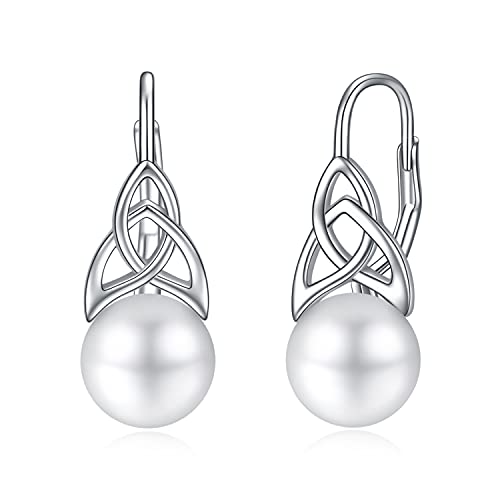 Perlen Ohrringe für Damen 925 Sterling Silber Irischer Keltischer Knoten Creolen Leverback Schmuck Geschenke für Mama Mutter Mädchen Freunde Keltischer Knoten mit Perlen 2