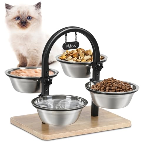 JUJOYBD Erhöhte Katzennapf mit 4 Edelstahl Näpfen Katzenfressnapf Höheinstellbar Katzennäpfe 4 Höhen Futterstation Futternapf und Wassernapf für Katzen und Kleine Hunde