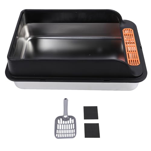 Fictory Katzentoilette aus Edelstahl große hochseitige Katzentoilette mit Deckel oben Spritzschutz für Indoor-Katzen mit Schaufel Schwarz