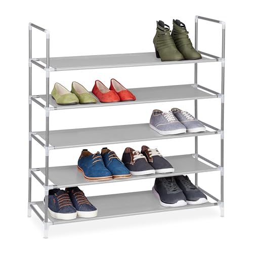 Relaxdays Schuhregal Stecksystem 5 Ebenen Schuhablage f. 20 Paar Schuhe Metall Stoff HBT 90 5 x 87 x 29 5 cm grau