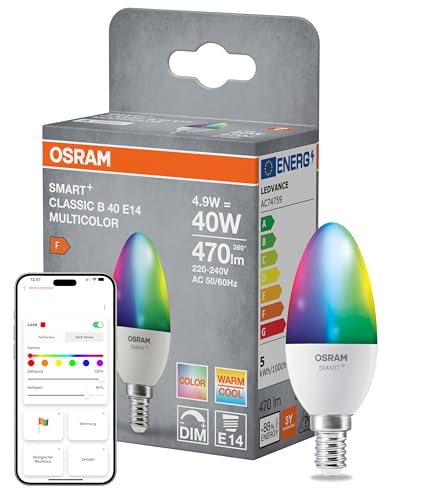 Osram SMART Matter LED-Lampe B40 Kerzenform 4.9W E14 RGBW dimmbar App- Sprachsteuerung kompatibel mit Alexa Google Apple WiFi