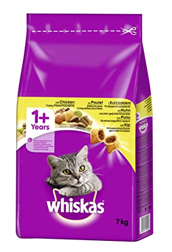 Whiskas Adult 1 Katzentrockenfutter Knabberstückchen mit Huhn Hochwertiges Trockenfutter ausgewachsene Katzenfutter Beutel 1x 7kg