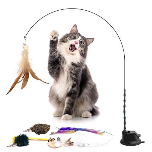 UNOSEKS Katzenspielzeug Angel 7 Stück Katzenangel Stabila mit Saugnapf Federn Interaktives Katzenspielzeug zur Selbstbeschäftigung Spielzeug für Katzen Intelligenzspielzeug Kitten Adult