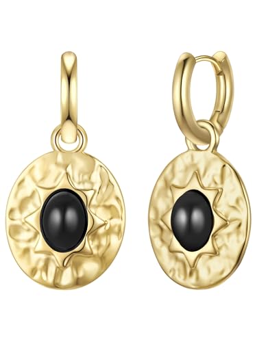 Yokoamii Damen Creolen Metall-Legierung Gelbgold-Optik mit Achat schwarz Modeschmuckcreolen