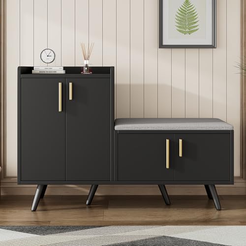 LLGWGL Schuhschrank Schmal Schuhregal Platzsparend Schuhkipper Hoch   120cm Breit Moderne Verstellbaren Regalen Gepolstertem Sitz 4 Türen für Flur Wohnzimmer Eingangsbereich Schwarz