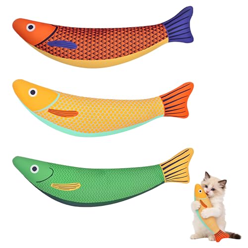 Katzenspielzeug Set Katzenminze Spielzeug 3er Fisch Kicker mit Katzenminze Knistergeräusch Weiches Interaktives Spielzeug für Katzen Selbstbeschäftigung Intelligenztraining für Alle Rassen