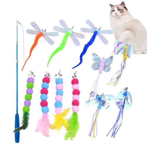 QARIDO Katzenstab   Schmetterlinge Raupe Libelle Katzenstab Spielzeugset   12 Stück Kätzchenspielzeug Angelrute für Meerschweinchen Eichhörnchen Kaninchen