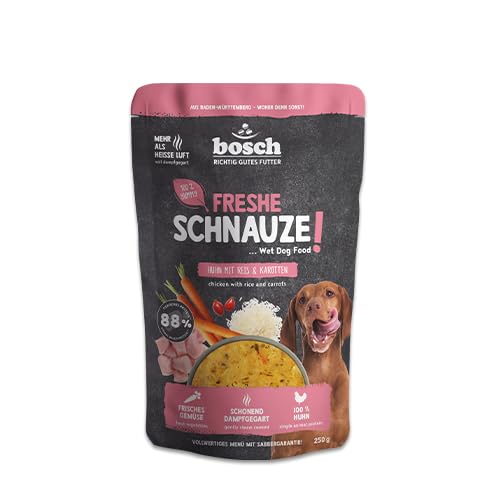 Bosch Freshe Schnauze Huhn mit Reis und Karotten 1 x 250 g Schonend Dampfgegartes Nassfutter für Hunde Vollwertiges Alleinfuttermittel mit hohem Fleischgehalt 250 g Hundenassfutter