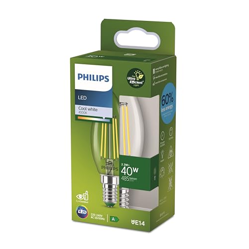 PHILIPS Classic ultraeffiziente LED-Lampe mit Energieeffizienzklasse A ersetzt 40W E14 Sockel Kerze klar neutralweißes Licht 4000K 1er Pack. neue Generation Neutralweiß