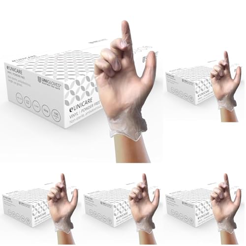 UNIGLOVES Unicare Vinyl - vielseitig einsetzbare Einweghandschuhe puderfrei latexfrei mittlere Stärke - Box mit 100 Handschuhen klar Größe klein GS0062 Packung mit 5