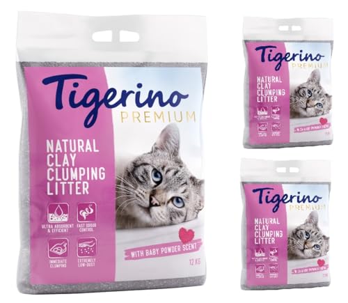 Tigerino Premium ergiebige Klumpstreu aus Naturton Granulat feinkörnig schnelle und Starke Klumpenbildung bindet Gerüche 3x12kg Babypuder
