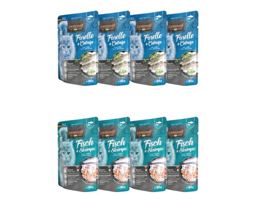 Leonardo Frischebeutel 8x85g Katzenfutter Nassfutter Multi Bundle Sparpaket Pouch Verschiedene Sorten 85g 4X Forelle Catnip 4X Fisch Shrimps