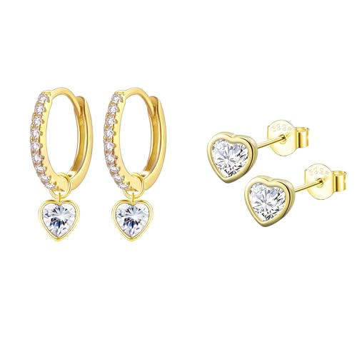 Epoch World 2 Paar Damen Ohrringe Silber 925 Gold Herz Ohrringe Hängend Creolen mit Anhänger Herz Creolen Gold Ohrstecker Klein mit Cubic Zirkonia Ohrschmuck Ohrstecker für Damen Mädchen Frauen