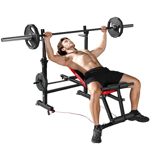 SPORTNOW Multifunktions-Gymnastikbank mit Sitz verstellbare Langhantelablage und Rückenlehne Hantelbank mit Dip-Station Beinstrecker Abs 2 Bänder Belastbarkeit 420kg Home Gym Workout
