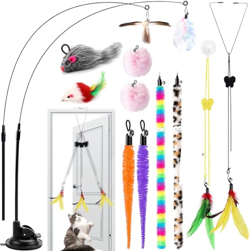 UGBO Interaktives Katzenspielzeug Hängende Türrahmen Spielmaus für Katzen Spielzeug 19 Stück Katzenangel Mit Saugnapf Angel Katze Cat Toys Katzenspiel Maus Simucatstick Kätzchen Zauberstab