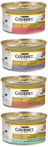 Purina Gourmet Gold-Mousse mit feuchtem Gemüse Katze Lamm Ente Trot Kabeljau 96 Dosen 85 g
