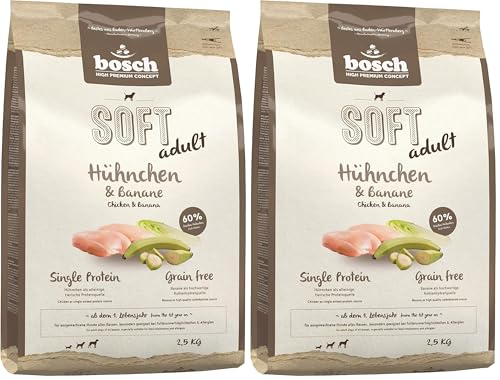 Bosch HPC Soft Hühnchen Banane halbfeuchtes Hundefutter für ausgewachsene Hunde Aller Rassen Single Protein Grain-Free 1 x 2.5 kg Packung mit 2