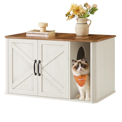 Feandrea Katzenhaus Katzenklo-Schrank modern Vordereingang mit Doppeltür und Griffen als Sideboard 85 x 48 5 x 50 cm honigbraun-vintageweiß PCL012K01