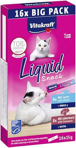 Vitakraft Liquid Snack Katzen Leckerli Katzensnack cremig mit Leberwurst und Biotin mit Lachs und Omega 3 in einzelnen Sachets 1 Vorratspackung 16x 15g