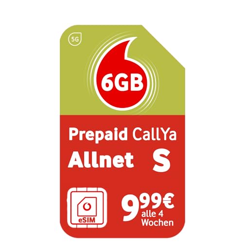 Vodafone Prepaid CallYa Allnet S eSIM Jetzt noch mehr GB - 6 GB statt 4 GB Datenvolumen 5G Netz SIM-Karte ohne Vertrag 1. Monat kostenlos Telefon- SMS-Flat