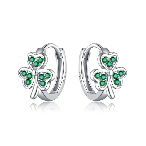 SLUYNZ 925 Sterling Silber Grün Liebe Klee Creolen Ohrringe für Damen Irisches Kleeblatt Huggie Ohrringe St. Patricks Day A-Silber