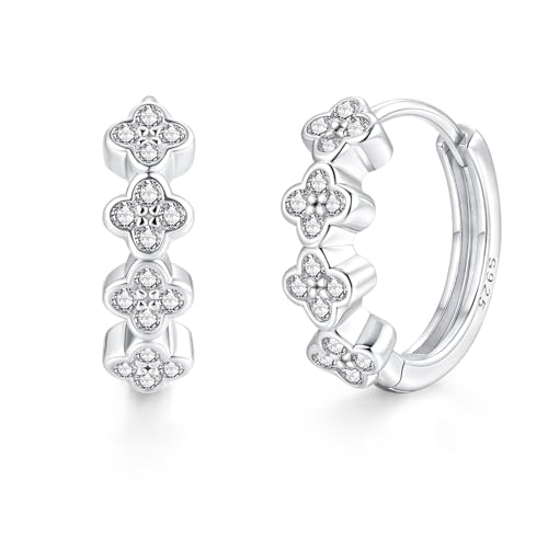 Kamise Creolen Silber 925 925 Sterling Silber Kleeblatt Creolen Ohrringe mit 5A Zirkonia Weiß Gold Hypoallergene Ohrring für Damen Klein Schlafen Knorpe Ohrringe Ohrschmuck Geschenk für Mädchen