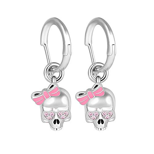 GNOCE Damen 925 Sterling Silber Schädel Ohrringen mit Bogenknoten Kleine Creolen Ohrringe mit Anhänger Pinke Frau Modeschmuck Geschenk für Freundin Mädchen