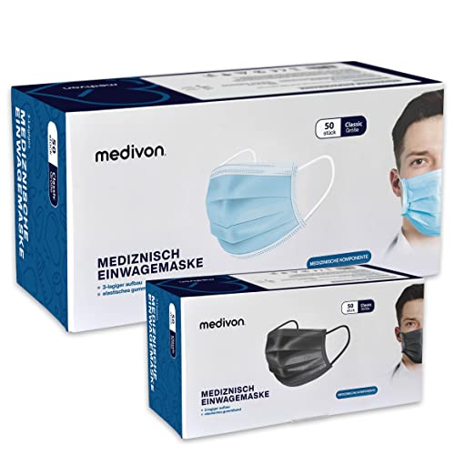 50x Medivon Medizinischer Mundschutz Maske MDV-4420 Blau und Schwarz OP Masken Medizinisch 3-lagig Gesichtsmaske Einwegmasken Surgical Face Mask