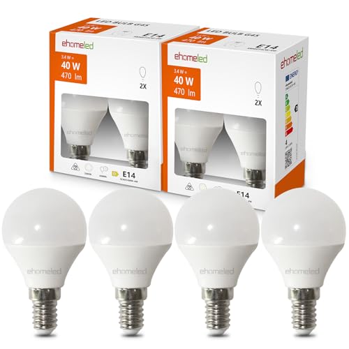 ehomeled E14 LED Mini Kugel Glühbirne Warmweiß 3000K 470 Lumen 3 4W 40W Energiesparende LED-Lampe Perfekt für Kronleuchter Nachttischlampen Schreibtischlampen 4er-Pack