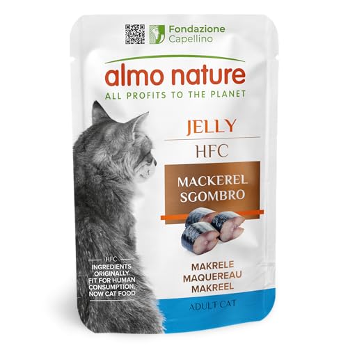 Almo Nature HFC Jelly Nassfutter für Erwachsene Katzen - Makrele - Human-Grade Glutenfrei Monoprotein - 55 g 24 Stück