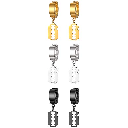 JewelryWe Schmuck 3 Paare Herren Ohrringe Edelstahl Creolen mit Rasierklinge Anhänger Trendy Punk Ohrstecker Ohrhänger Piercing Schwarz Gold Silber