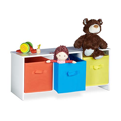 Relaxdays Kindersitzbank mit Stauraum ALBUS bunte Stoffkörbe Spielzeugtruhe zum Sitzen Faltbare Stoffboxen Spielzeugaufbewahrung HxBxT ca. 35 5 x 81 x 29 cm weiß