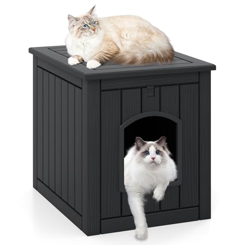 COSTWAY Katzenhaus Katzenklo Schrank mit Klapptür erhöhtem Boden Katzenschrank für Katzentoilette Tierhaus aus PP für Indoor Outdoor Beistelltisch für kleine Katzen Hunde Haustier Schwarz
