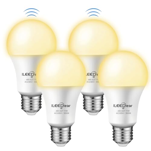 ILEEDear LED Glühbirne E27 mit 5 8 GHz Radar-Bewegungsmelder 11W Warmweiß 3000K für Terrasse Garten Eingang Flur 4er Set . Primär für den Außenbereich empfohlen.