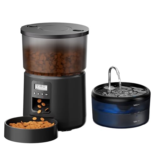 Futterautomat Katze Katzenfutter Automat und Katzenbrunnen Futterspender Hunde mit Programmierbarem Timer 6 Mahlzeiten pro Tag - 3L Futterspender und 2.4L Trinkbrunnen für Kleine Mittlere Haustiere