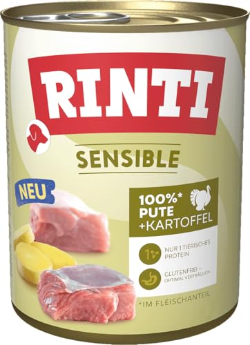 RINTI - Sensible Nassfutter für Sensible ausgewachsene Hunde mit natürlichen Fleischstücken. Getreidefreies Alleinfutter in der Dose ohne künstliche Zusätze 6x800g Pute Kartoffel