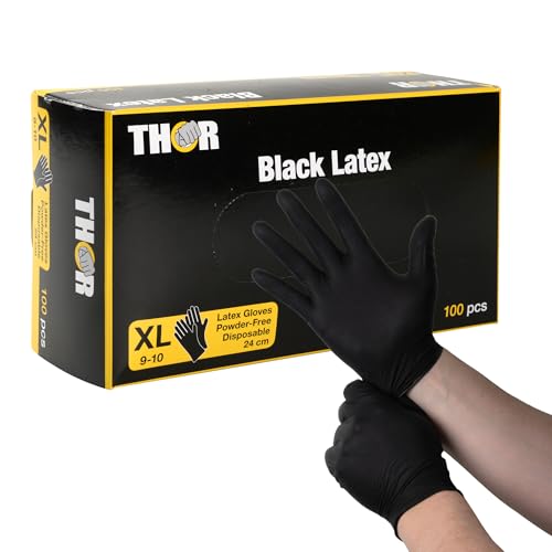 THOR Latexhandschuhe XL 100 Stück Einmalhandschuhe Schwarz handschuhe einweg puderfrei Einweghandschuhe küchenhandschuhe zum Kochen Putzen Grillen für die Werkstatt Größen S M L XL