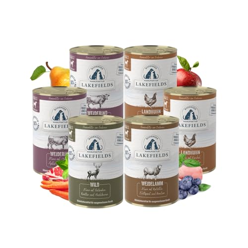 Lakefields Hundefutter Nass Kennenlernpaket 6 x 400g Getreidefreies Nassfutter für Hunde mit Huhn Rind Wild Lamm Schonend gegart Zusatzfrei Zutaten in Lebensmittelqualität