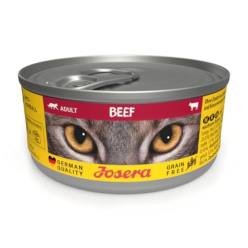 JOSERA Nassfutter Beef 12 x 85 g Adult Premium Katzenfutter nass für ausgewachsene Katzen Rind mit Lachsöl getreidefrei gegen Harnsteinbildung und Haarballen Alleinfutter 12er Pack