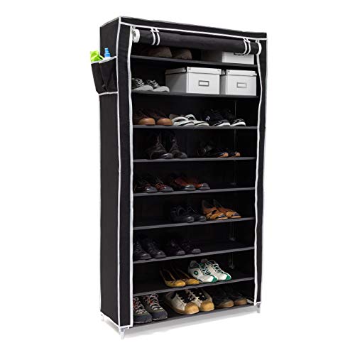 Relaxdays 1 x Schuhschrank Valentin hohes Schuhregal mit Stoffbezug 9 Ablagen Stoffschrank HBT 161 x 88 x 30 cm schwarz