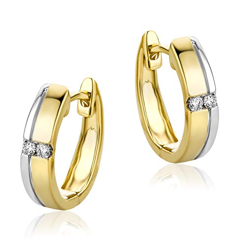 Orovi Bicolor Creolen aus 14 Karat Gelbgold Weißgold 585 mit Diamanten Gold Ohrringe Damen mit Brillanten Hoop Goldohrringe allergenfrei handgemacht 3.4 x 13.2 mm