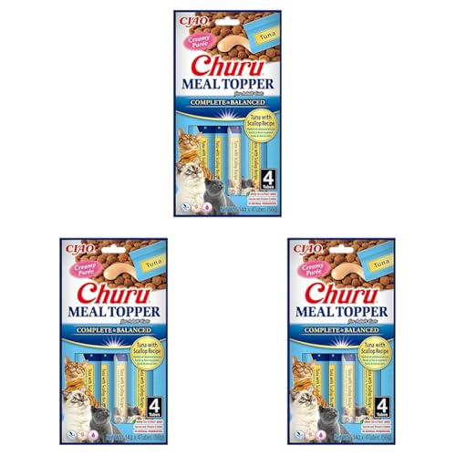 INABA Churu Meal Topper Katzenleckerlis Als Zusatz zum Trockenfutter Thunfisch mit Jakobsmuschel 4 x 14 g mit Taurin Grüntee-extrakt Vitamine Packung mit 3